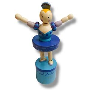 Wooden Push Puppet Collapsing Toy Ballerina Blue 4.75"